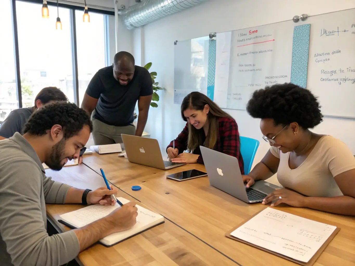 A vibrant photo of young adults participating in a leadership training workshop, actively engaged in a team-building exercise, set in a modern, collaborative space. The image should convey energy, enthusiasm, and teamwork.