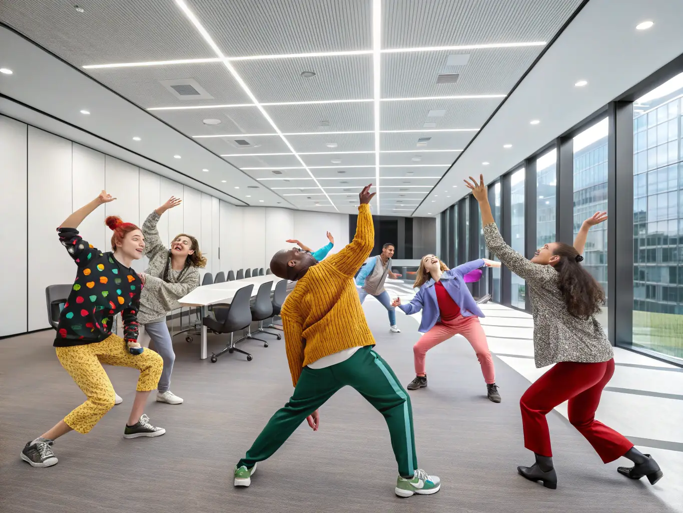 A group of young adults participating in a leadership training workshop, actively engaged in a team-building exercise, set in a modern, bright conference room. The atmosphere is energetic and collaborative, reflecting the dynamic nature of the training.