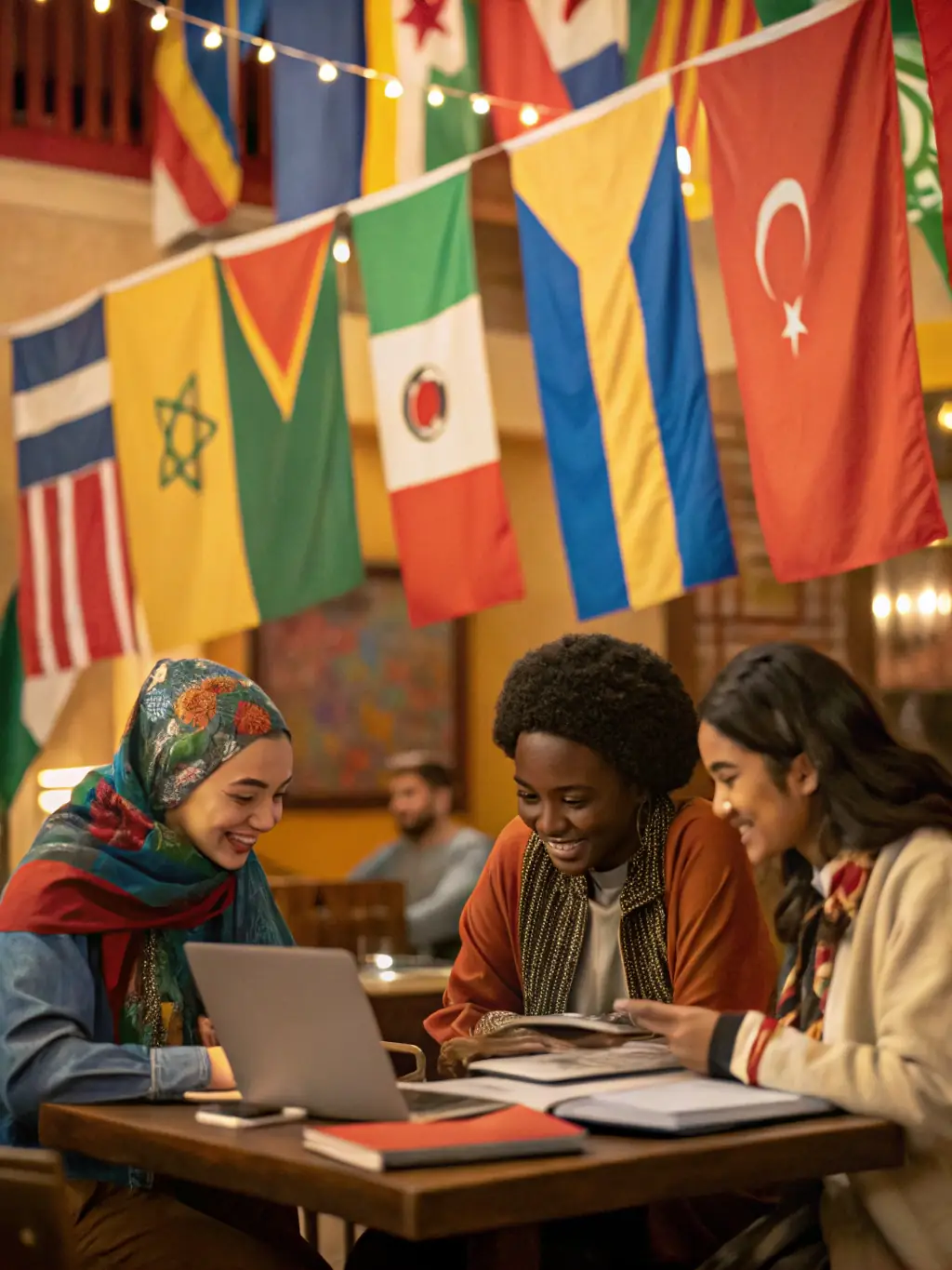 A vibrant scene from a global youth conference, showing young people from different countries interacting, sharing ideas, and collaborating on projects.