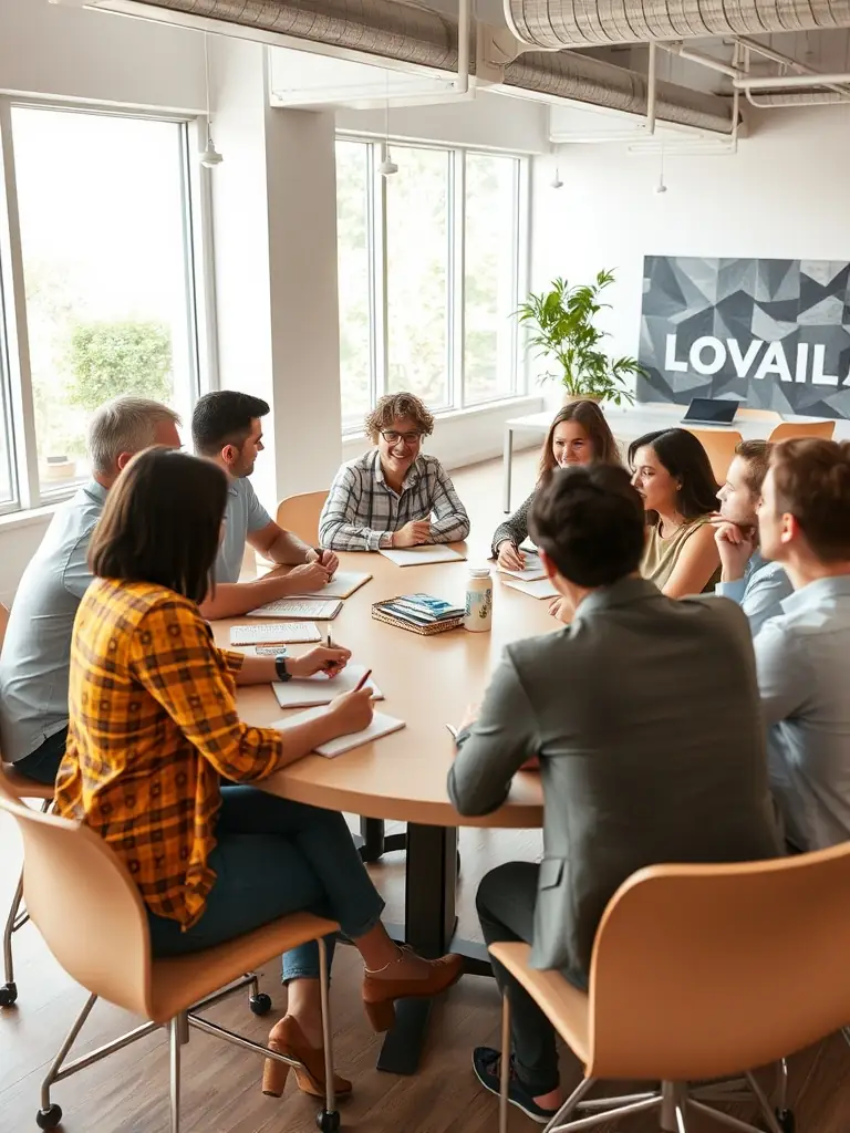 A group of diverse young people participating in a leadership training workshop, actively engaged in a team-building exercise, set in a modern, bright conference room.