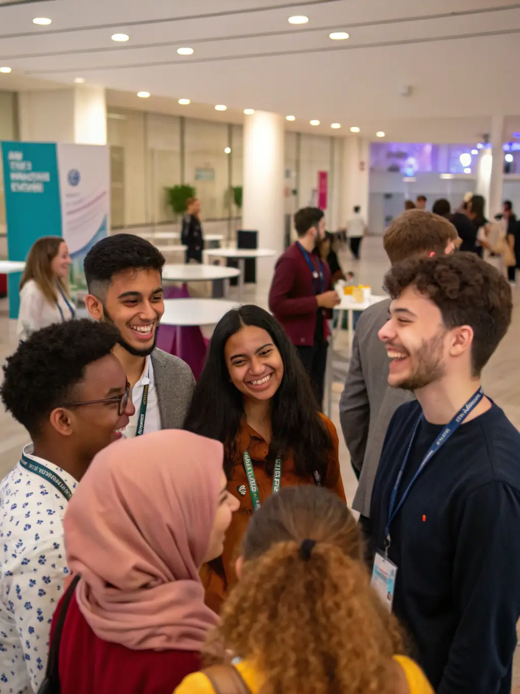 Attendees at a vibrant youth leadership conference, networking and sharing ideas, with banners displaying Naath Global's logo and mission statement, highlighting the organization's role in convening young leaders.