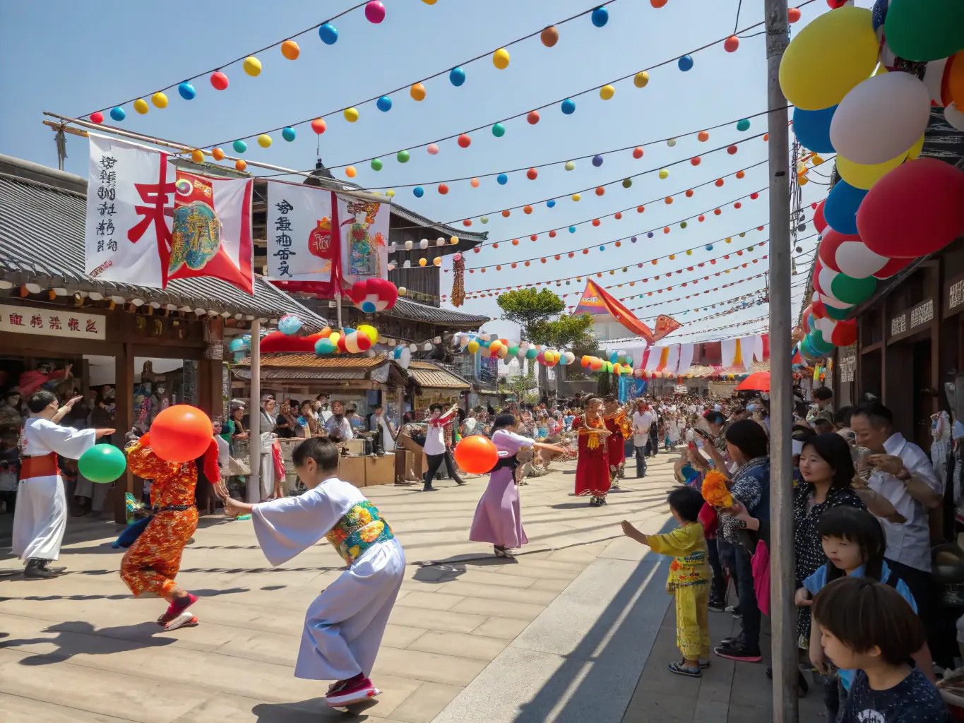 A vibrant scene from a cultural festival, featuring young people performing traditional dances and showcasing cultural artifacts. The atmosphere is lively and celebratory, highlighting the promotion of language and culture.