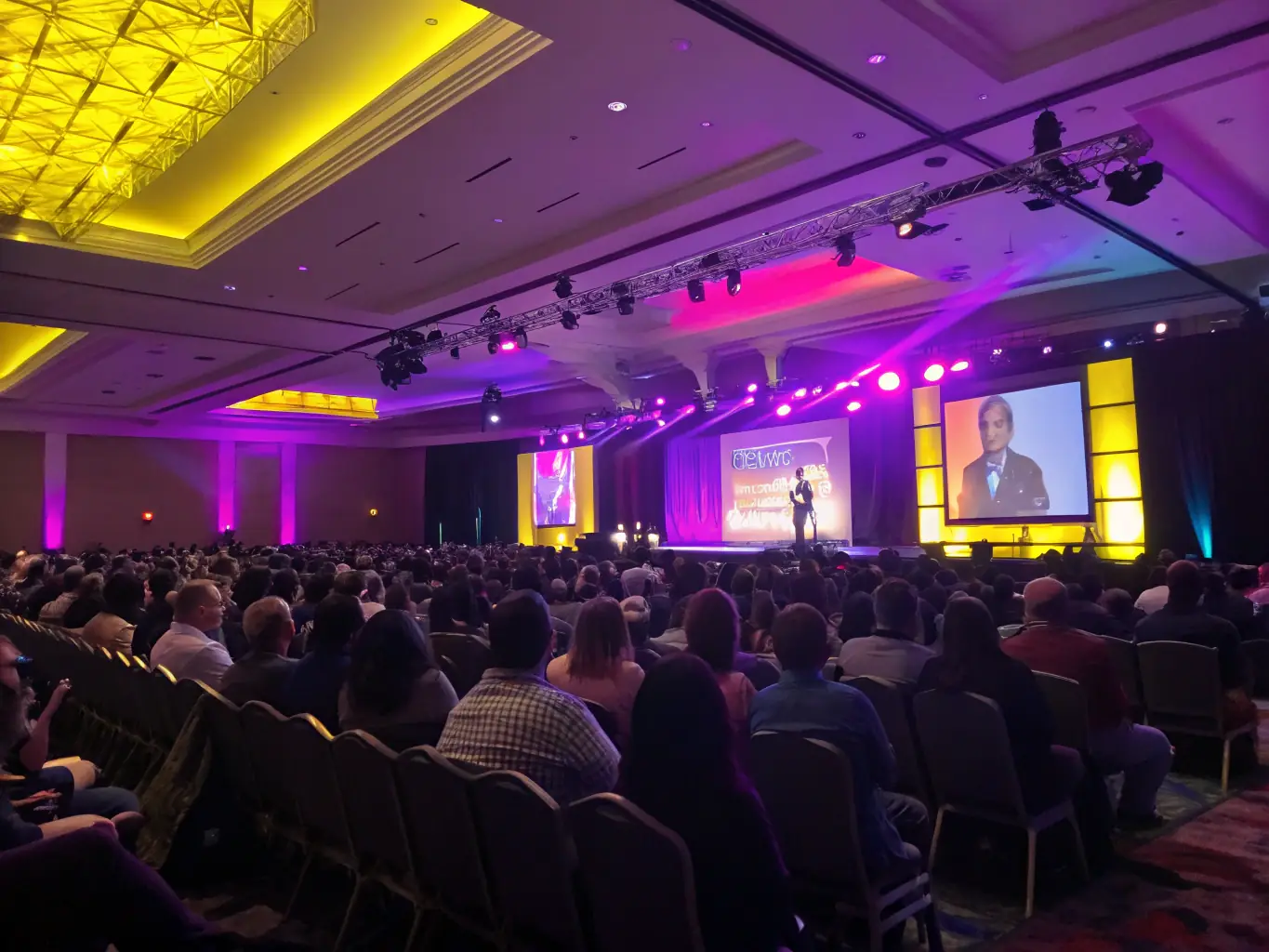 A dynamic scene from a youth leadership conference, featuring a keynote speaker addressing a large audience of young people, with banners and branding of Naath Global Youth Initiative in the background.