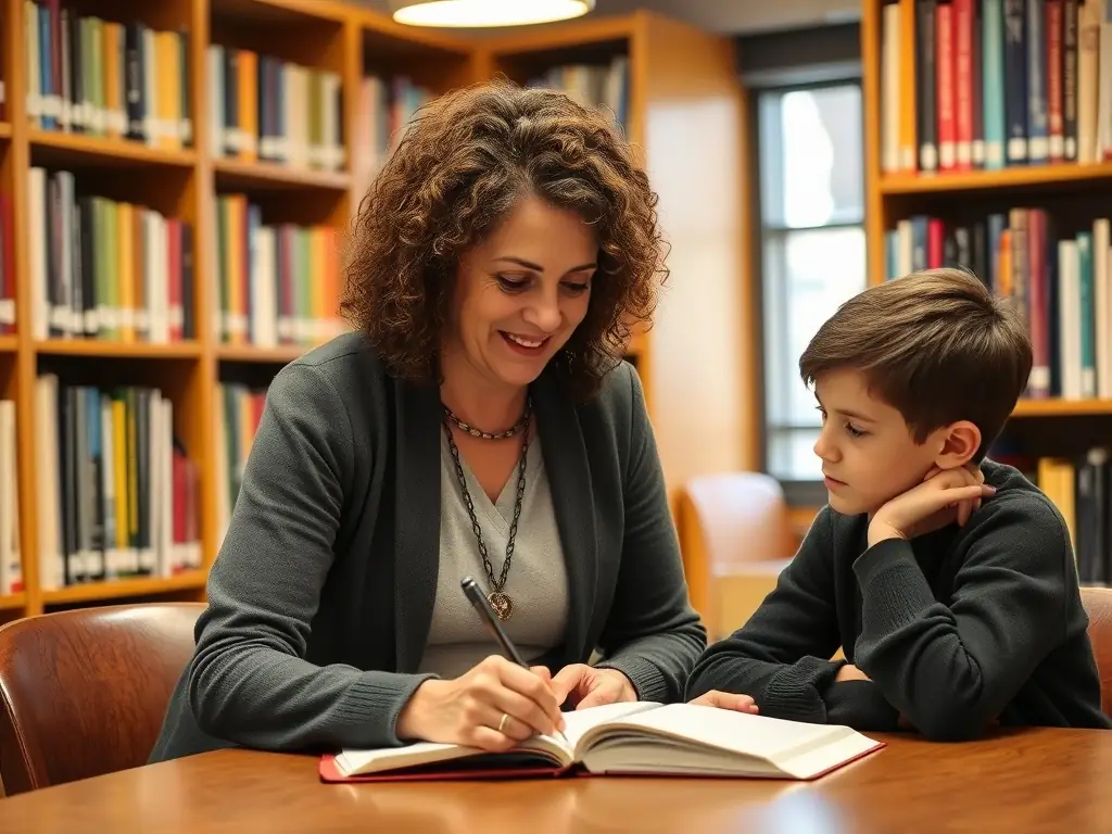 A mentor guiding a young person in a library, both looking at a book with focused expressions. The setting is warm and supportive, emphasizing the personal connection and guidance provided through the mentorship program.